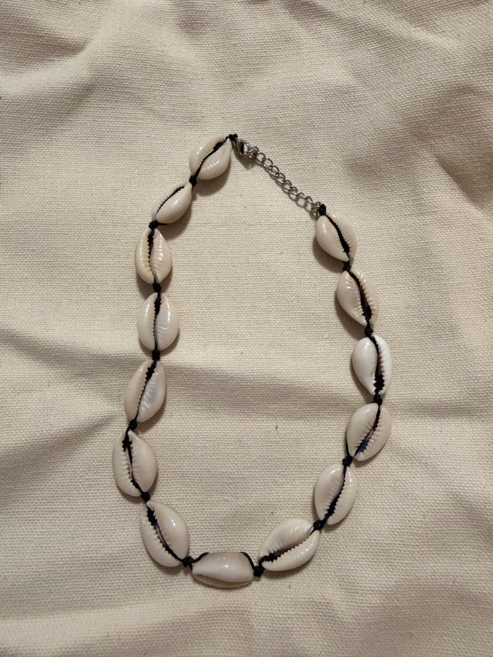 White Cowrie Shell Necklace- 13" Black Rope & 2" Silver Extender - Picture 2 of 4